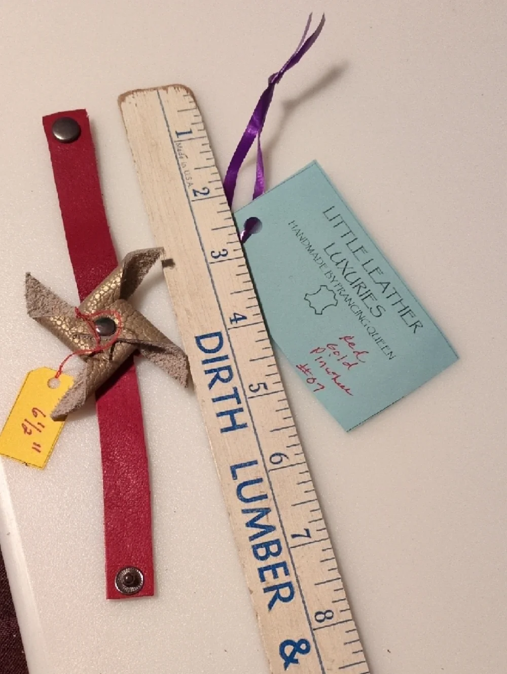 Handmade Red Genuine Leather Snap Bracelet with Gold Pinwheel Accent - Picture 5 of 6